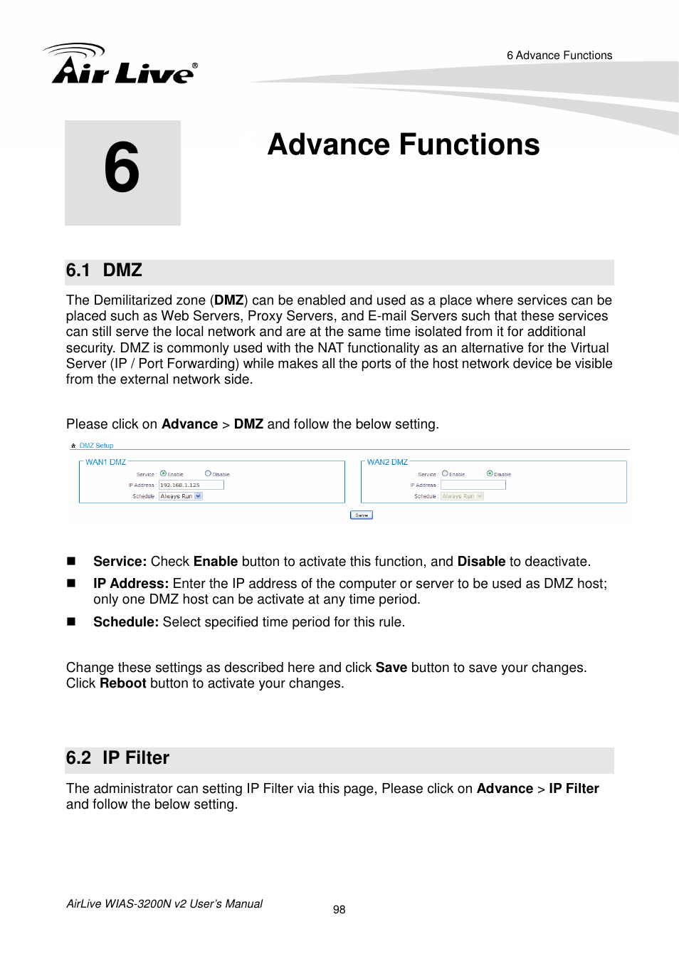 Advance functions, 1 dmz, 2 ip filter | Ilter | AirLive WIAS-3200N v2 User Manual | Page 104 / 170