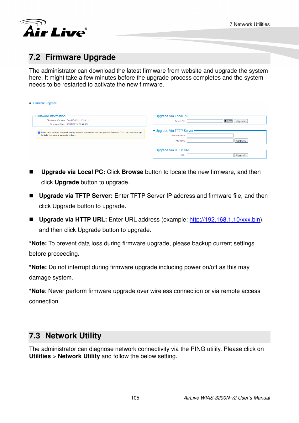 2 firmware upgrade, 3 network utility, Irmware | Pgrade, Etwork, Tility | AirLive WIAS-3200N v2 User Manual | Page 111 / 170