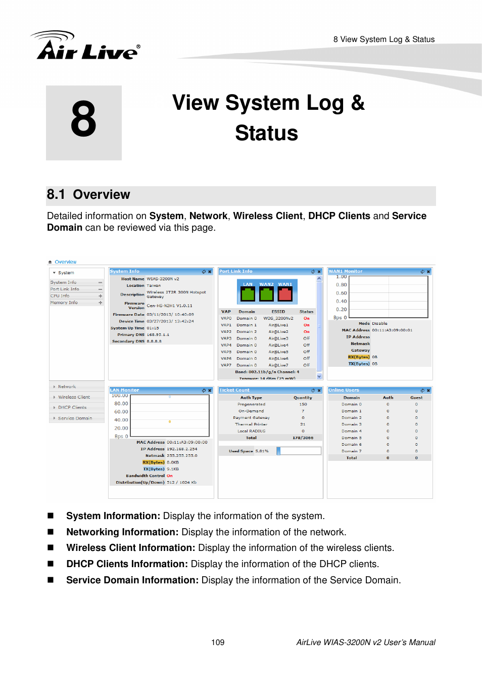 View system log &status, 1 overview, View system log & status | Verview | AirLive WIAS-3200N v2 User Manual | Page 115 / 170