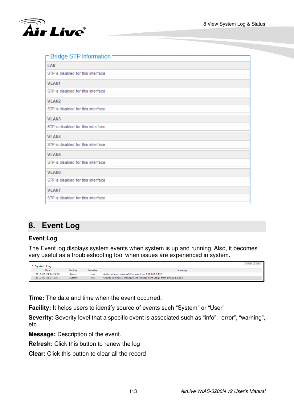 3 event log, Vent | AirLive WIAS-3200N v2 User Manual | Page 119 / 170