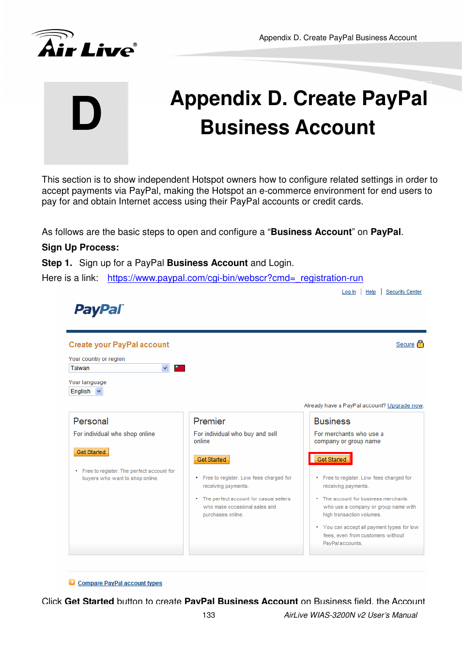 Appendix d. create paypalbusiness account, Appendix d, Create paypal business account | Appendix d. create paypal business account | AirLive WIAS-3200N v2 User Manual | Page 139 / 170