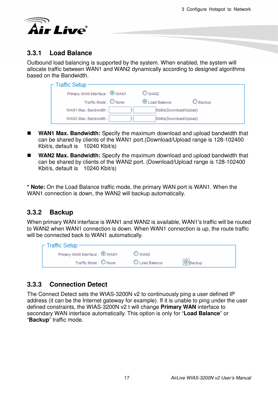 1 load balance, 2 backup, 3 connection detect | Load balance, Backup, Connection detect | AirLive WIAS-3200N v2 User Manual | Page 23 / 170