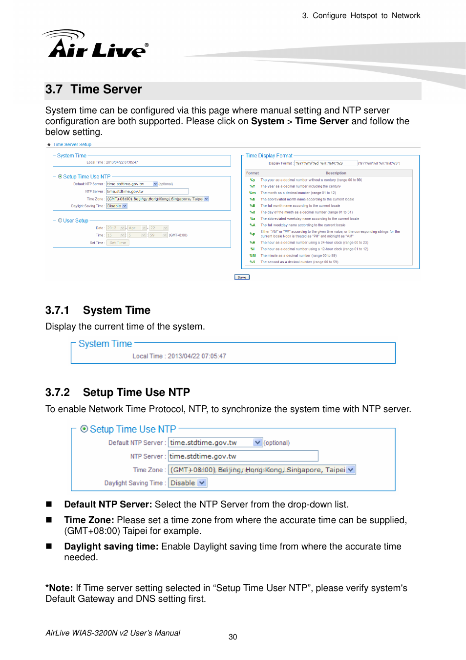 1 system time, 2 setup time use ntp, Setup time use ntp | 7 time server | AirLive WIAS-3200N v2 User Manual | Page 36 / 170