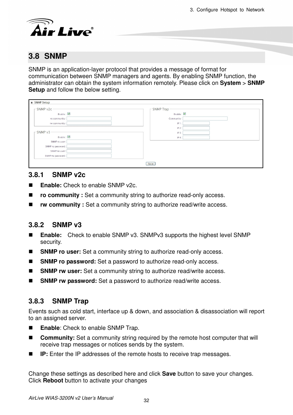 8 snmp, 1 snmp v2c, 2 snmp v3 | 3 snmp trap, Snmp, Snmp v2c, Snmp v3, Snmp trap | AirLive WIAS-3200N v2 User Manual | Page 38 / 170