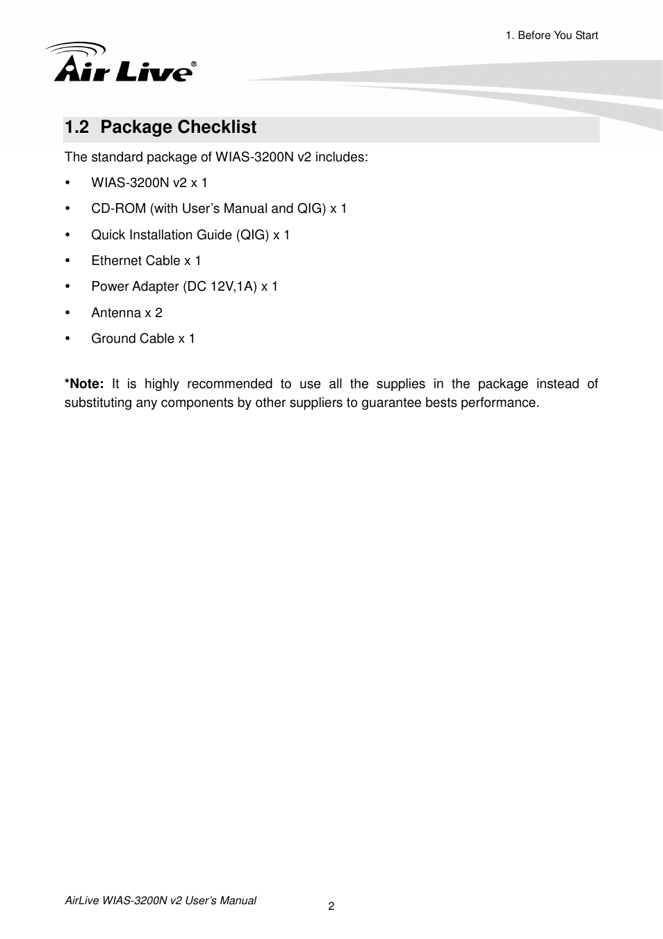 2 package checklist, Ackage, Hecklist | AirLive WIAS-3200N v2 User Manual | Page 8 / 170