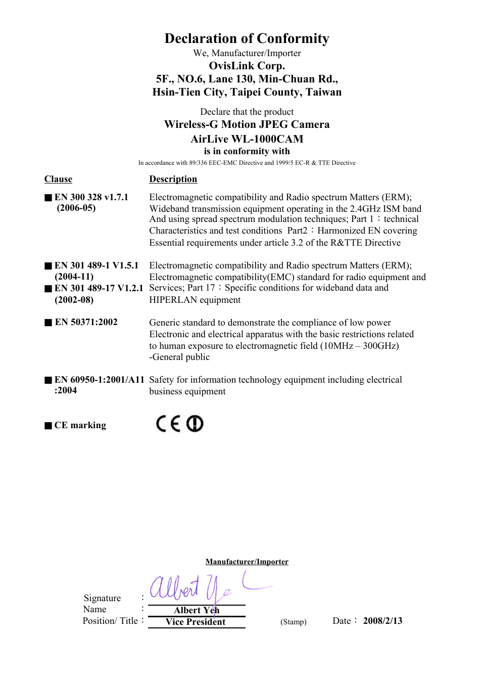 Sheet1, Declaration of conformity | AirLive WL-1000CAM User Manual | Page 2 / 69