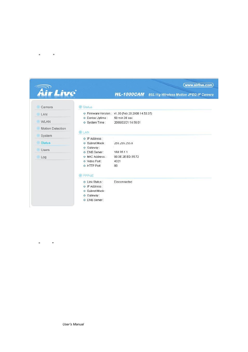 Etting, 6 status settings, 7 users settings | AirLive WL-1000CAM User Manual | Page 65 / 69