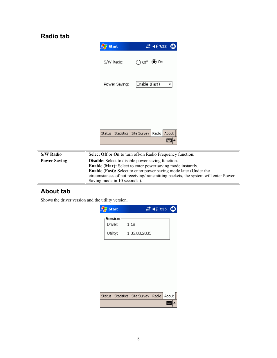 Radio tab, About tab | AirLive WL-1100SD User Manual | Page 10 / 12