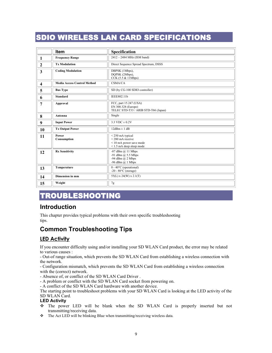 Sdio wireless lan card specifications, Troubleshooting, Introduction | Common troubleshooting tips, Led activity | AirLive WL-1100SD User Manual | Page 11 / 12