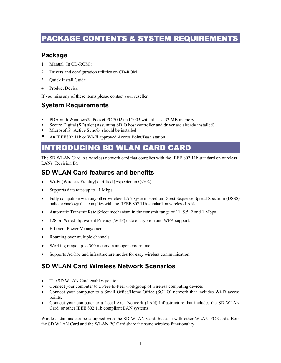 Package contents & system requirements, Introducing sd wlan card card, Package | System requirements, Sd wlan card features and benefits, Sd wlan card wireless network scenarios | AirLive WL-1100SD User Manual | Page 3 / 12