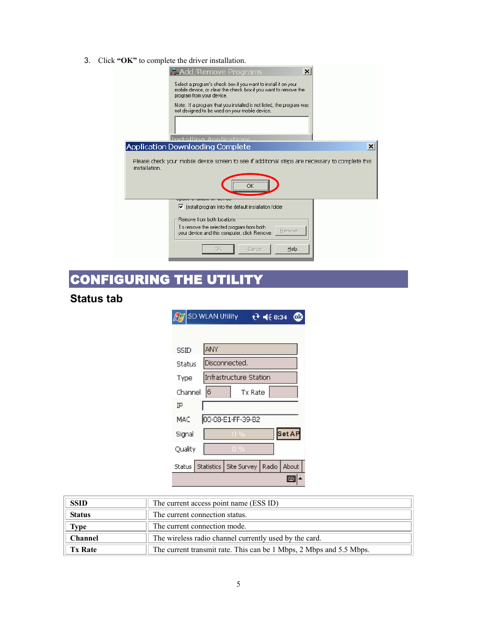 Configuring the utility, Status tab | AirLive WL-1100SD User Manual | Page 7 / 12