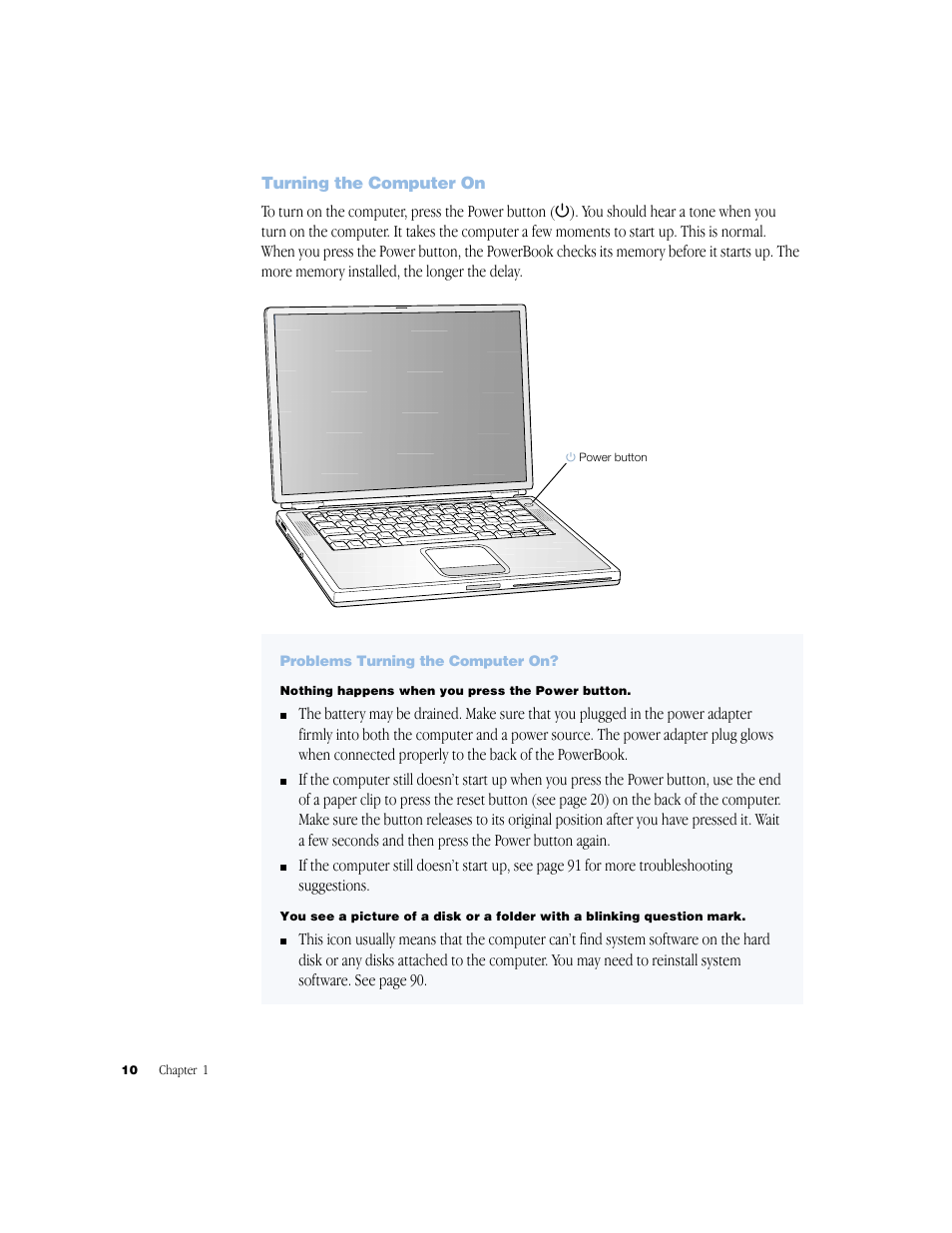 Turning the computer on, Problems turning the computer on | Apple BookG4 Computer User Manual | Page 10 / 104