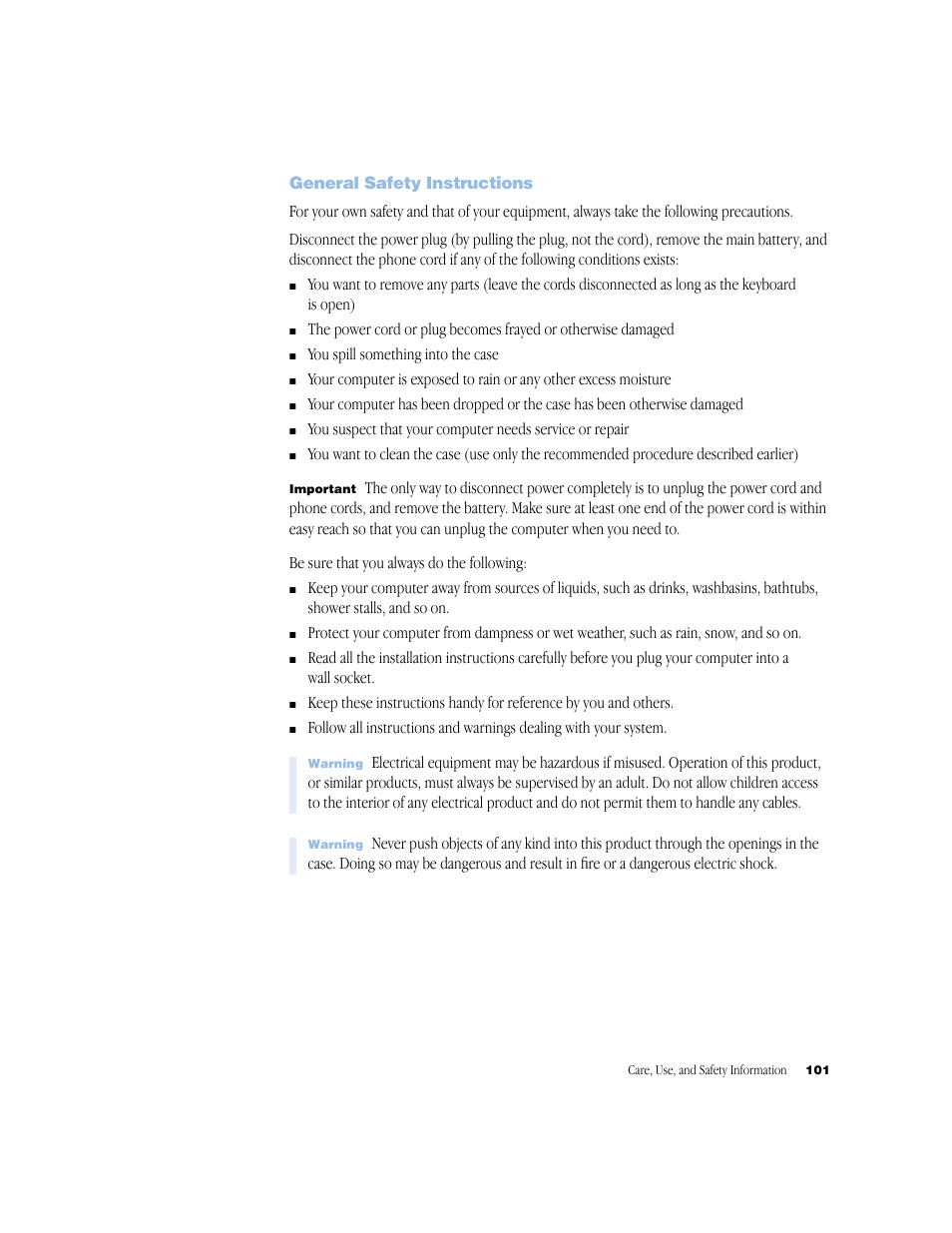General safety instructions, General safety instructions 101 | Apple BookG4 Computer User Manual | Page 101 / 104