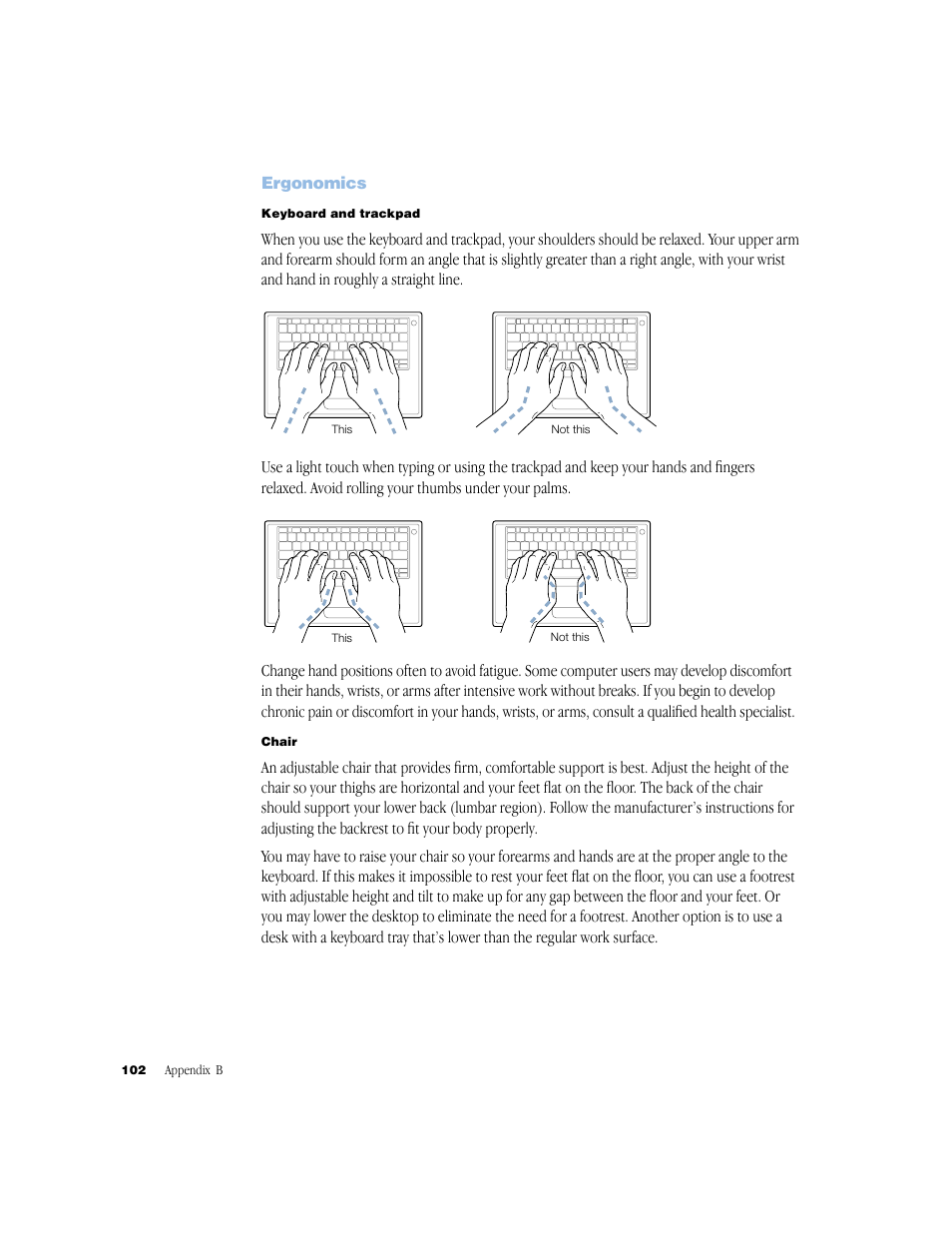 Ergonomics, Ergonomics 102 | Apple BookG4 Computer User Manual | Page 102 / 104