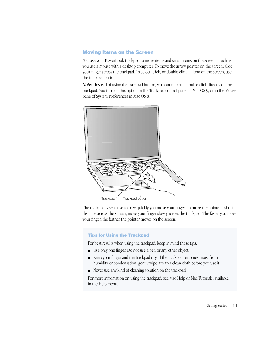Moving items on the screen, Tips for using the trackpad | Apple BookG4 Computer User Manual | Page 11 / 104