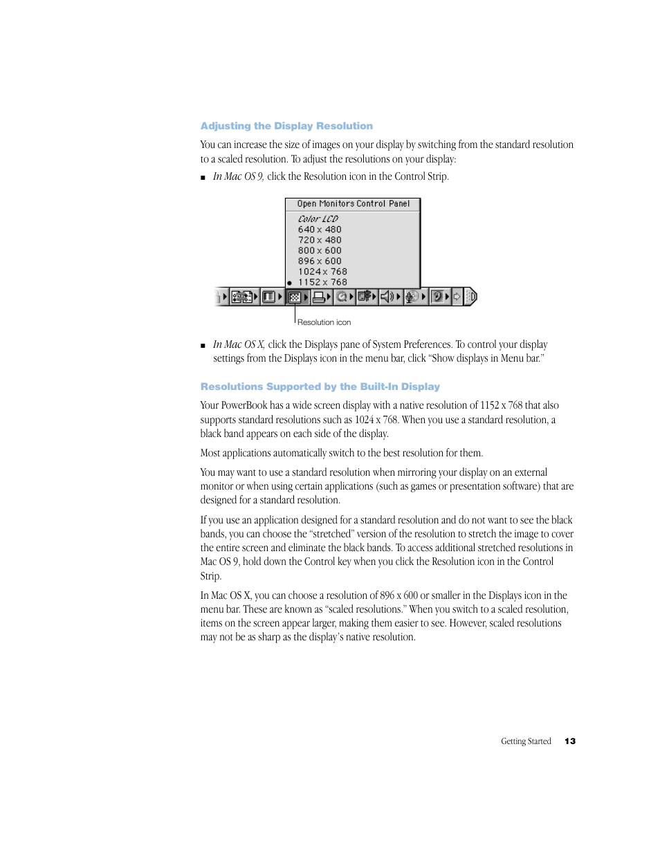 Adjusting the display resolution, Resolutions supported by the built-in display | Apple BookG4 Computer User Manual | Page 13 / 104