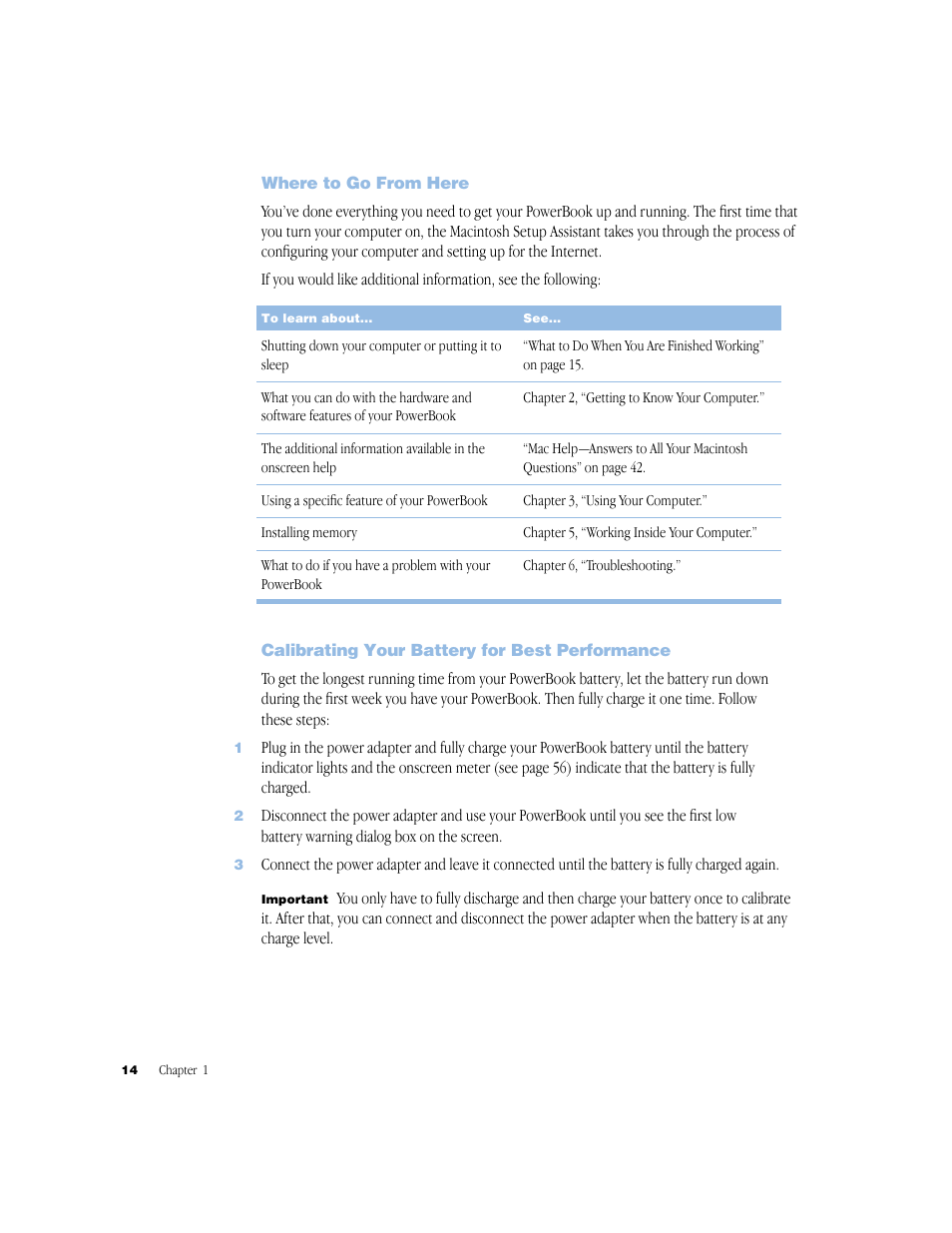 Where to go from here, Calibrating your battery for best performance | Apple BookG4 Computer User Manual | Page 14 / 104