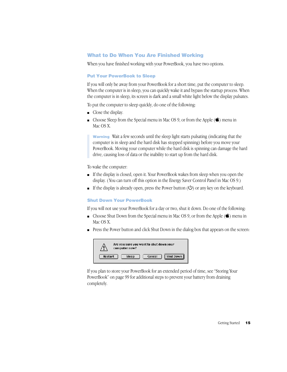 What to do when you are finished working, Put your powerbook to sleep, Shut down your powerbook | Apple BookG4 Computer User Manual | Page 15 / 104
