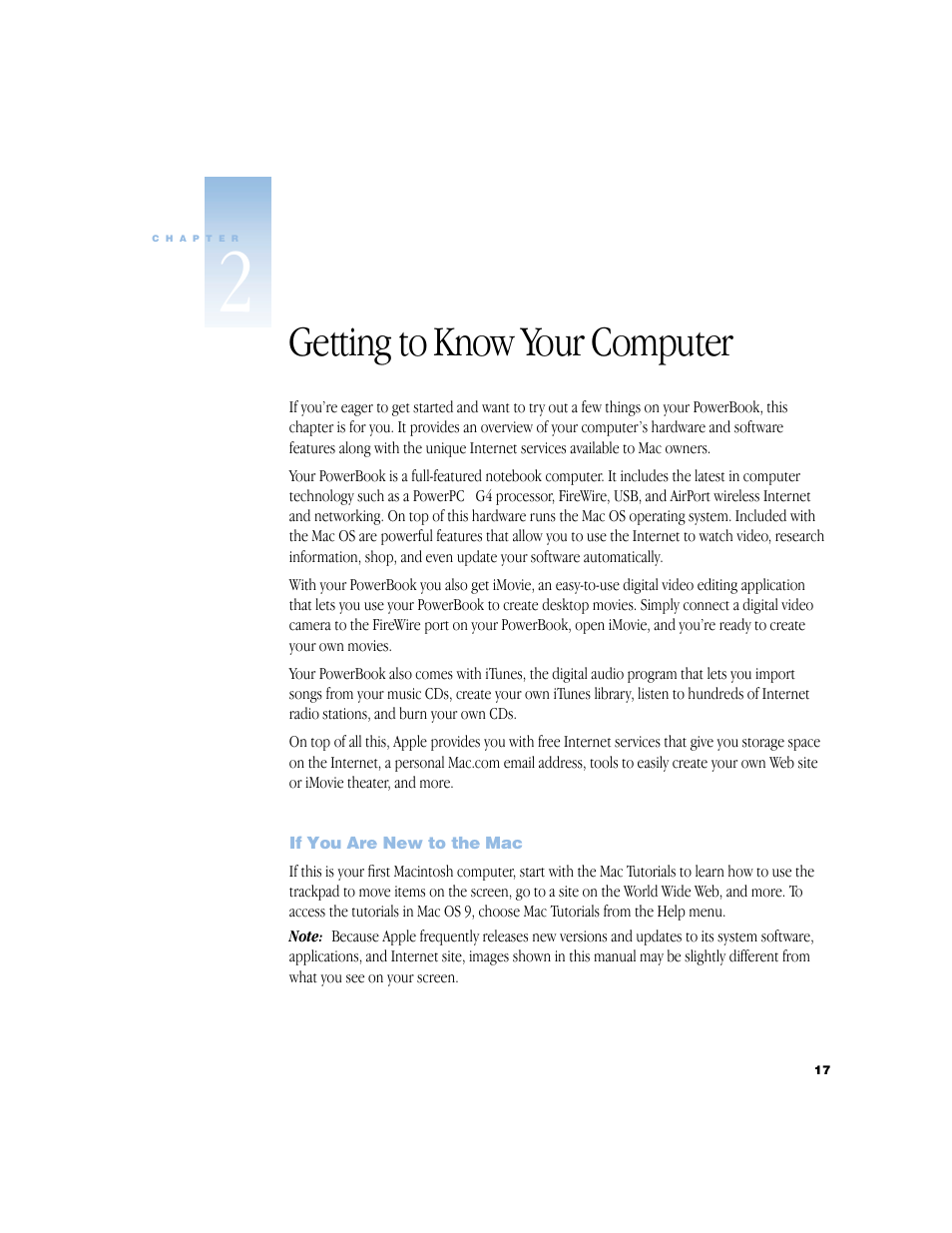 Getting to know your computer, If you are new to the mac, Chapter 2, “getting to know your computer | Apple BookG4 Computer User Manual | Page 17 / 104