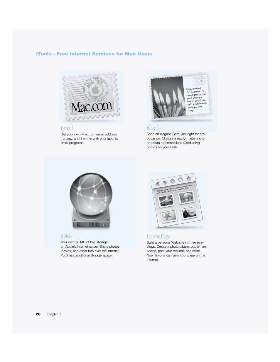 Itools—free internet services for mac users, Email, Idisk | Homepage, Icards | Apple BookG4 Computer User Manual | Page 26 / 104