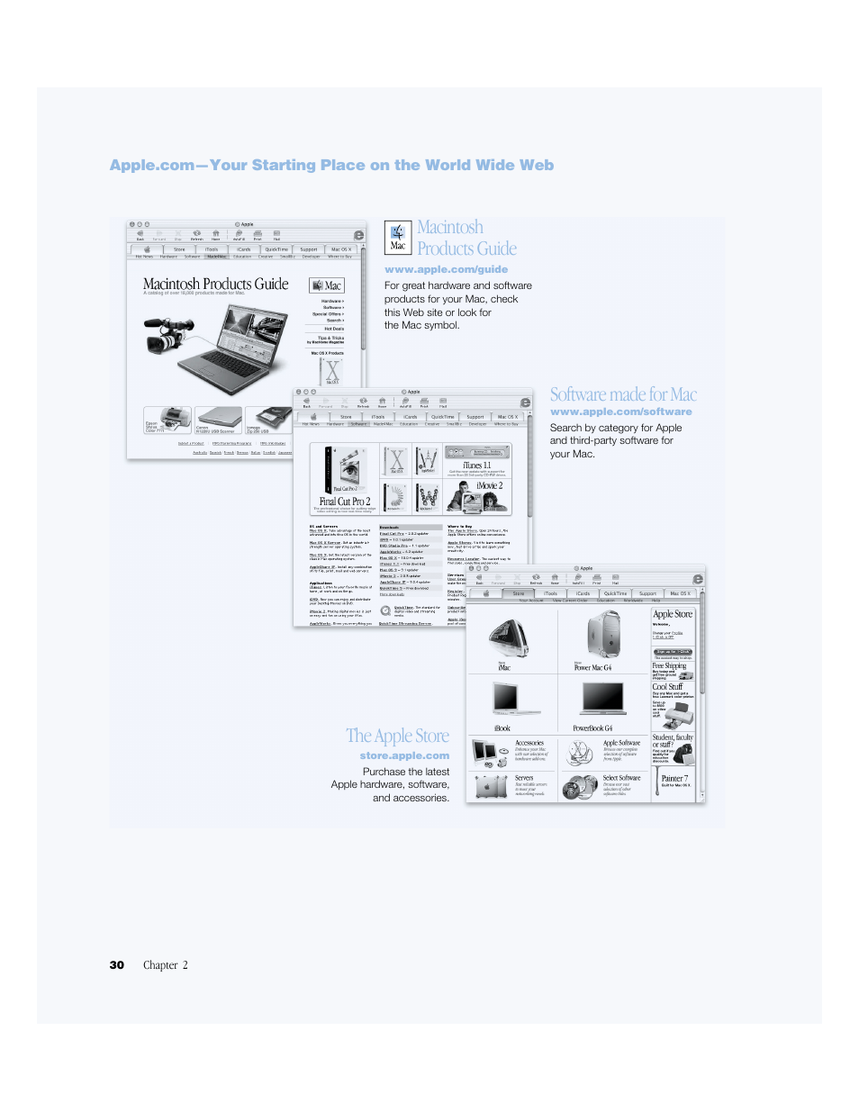 Software made for mac, The apple store, Macintosh products guide | Apple BookG4 Computer User Manual | Page 30 / 104