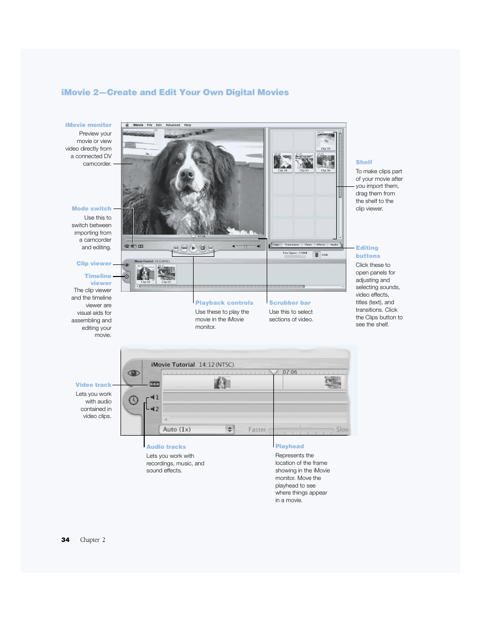 Imovie 2—create and edit your own digital movies | Apple BookG4 Computer User Manual | Page 34 / 104
