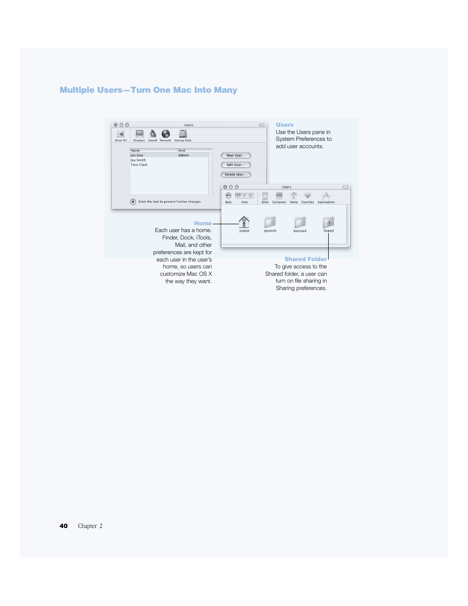 Multiple users—turn one mac into many | Apple BookG4 Computer User Manual | Page 40 / 104