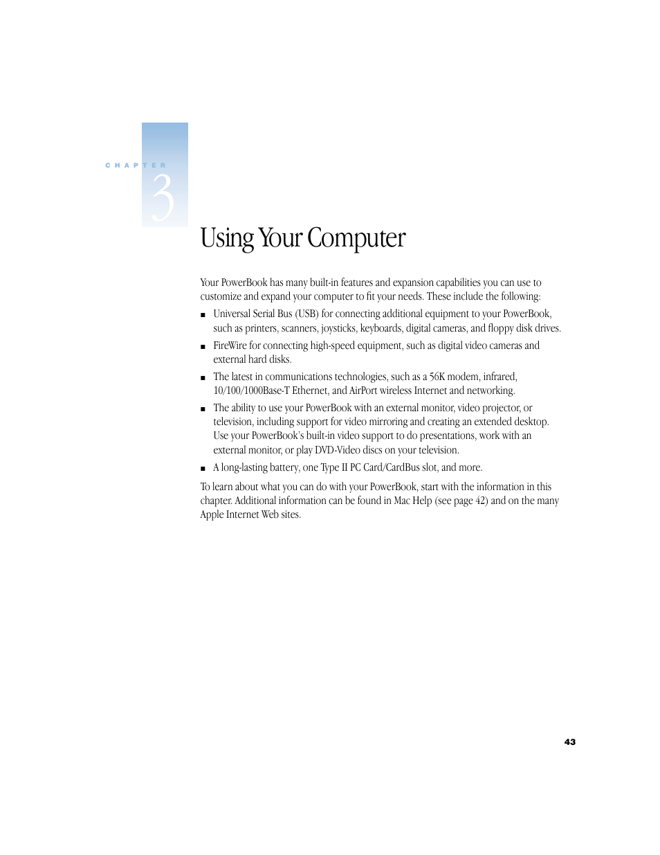 Using your computer, Chapter 3, “using your computer | Apple BookG4 Computer User Manual | Page 43 / 104