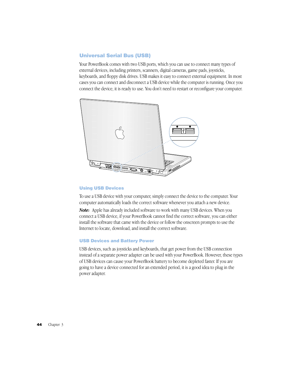Universal serial bus (usb), Using usb devices, Usb devices and battery power | Apple BookG4 Computer User Manual | Page 44 / 104