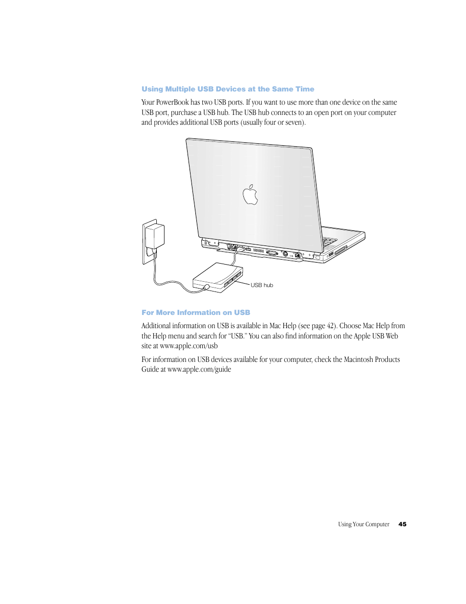 Using multiple usb devices at the same time, For more information on usb | Apple BookG4 Computer User Manual | Page 45 / 104