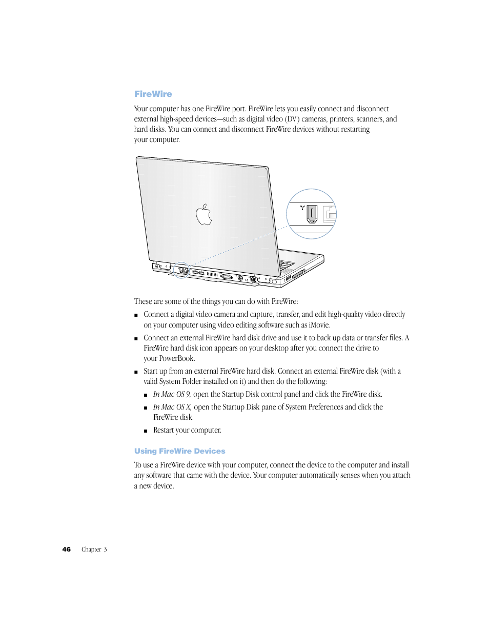 Firewire, Using firewire devices | Apple BookG4 Computer User Manual | Page 46 / 104