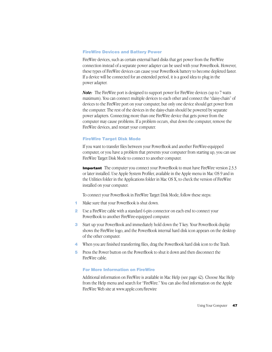 Firewire devices and battery power, Firewire target disk mode, For more information on firewire | Apple BookG4 Computer User Manual | Page 47 / 104