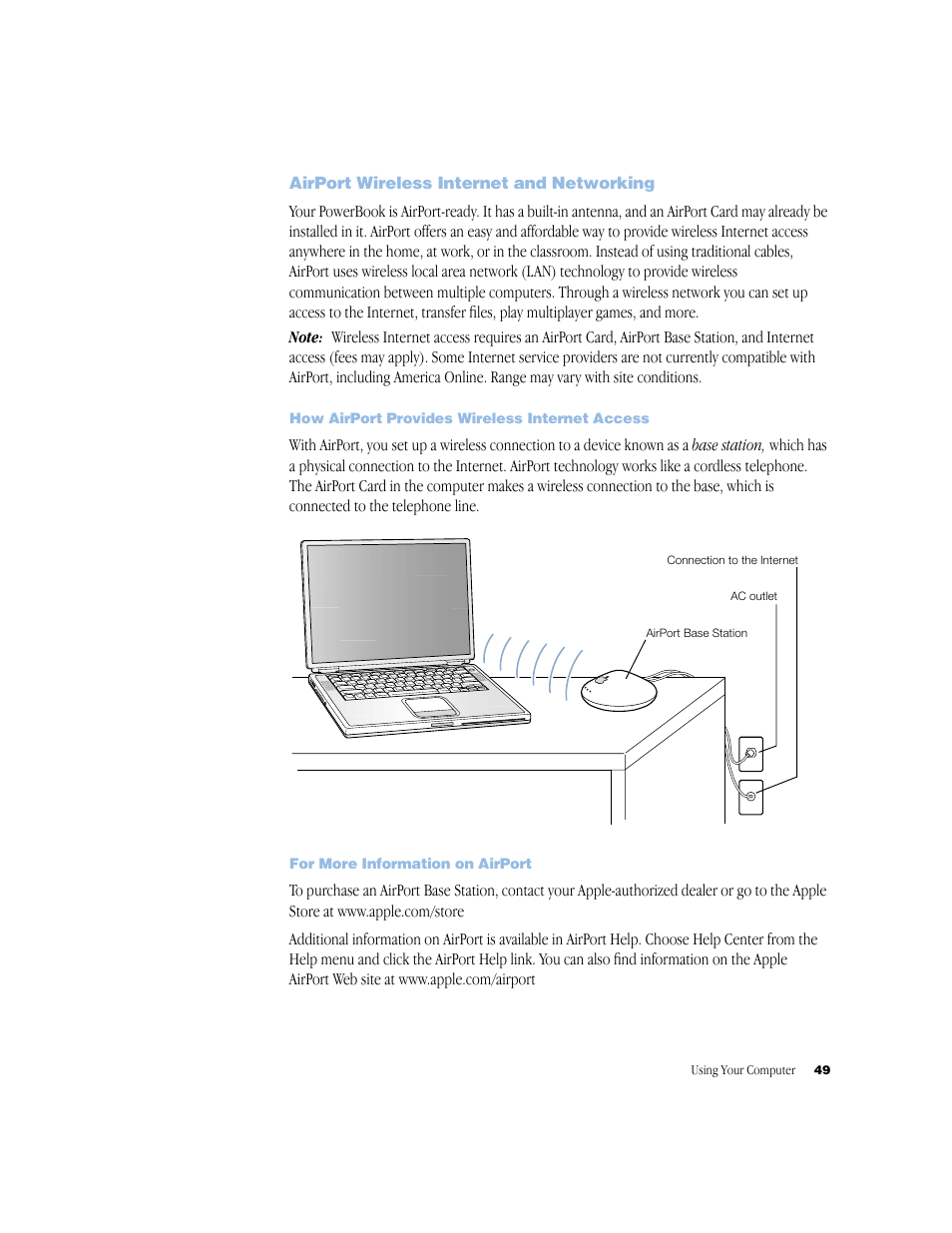 Airport wireless internet and networking, How airport provides wireless internet access, For more information on airport | Apple BookG4 Computer User Manual | Page 49 / 104
