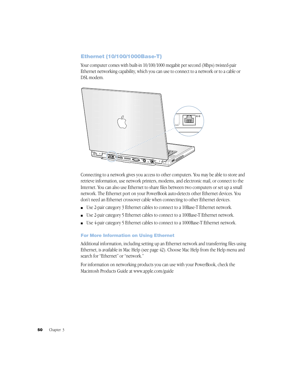 Ethernet (10/100/1000base-t), For more information on using ethernet | Apple BookG4 Computer User Manual | Page 50 / 104