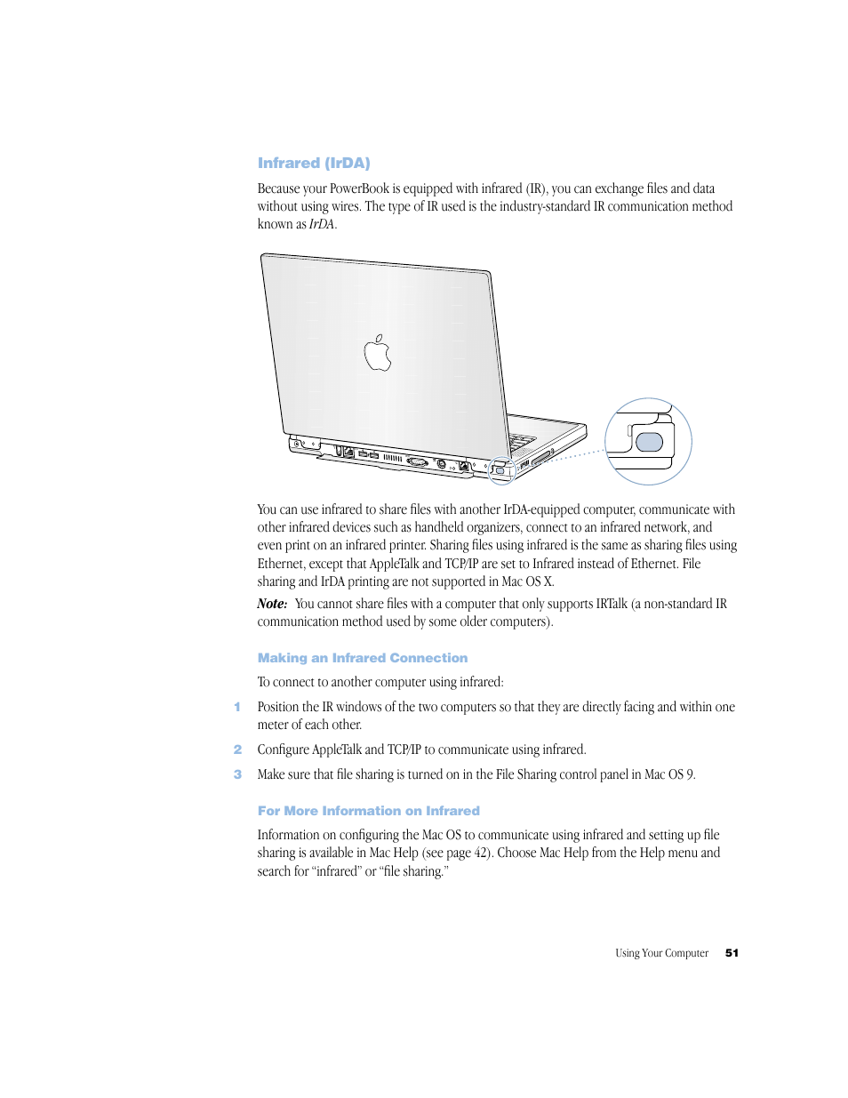 Infrared (irda), Making an infrared connection, For more information on infrared | Apple BookG4 Computer User Manual | Page 51 / 104