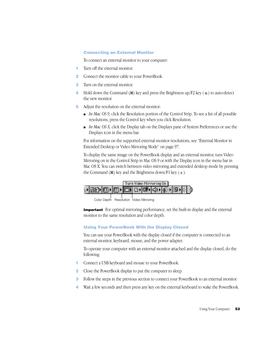Connecting an external monitor, Using your powerbook with the display closed | Apple BookG4 Computer User Manual | Page 53 / 104