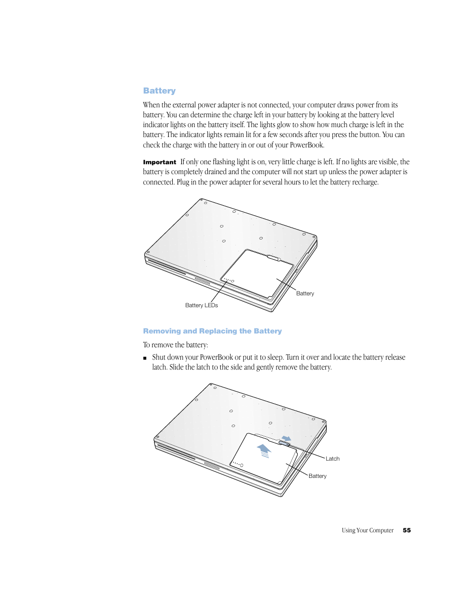 Battery, Removing and replacing the battery | Apple BookG4 Computer User Manual | Page 55 / 104