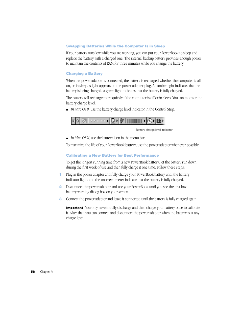 Swapping batteries while the computer is in sleep, Charging a battery, Calibrating a new battery for best performance | Apple BookG4 Computer User Manual | Page 56 / 104