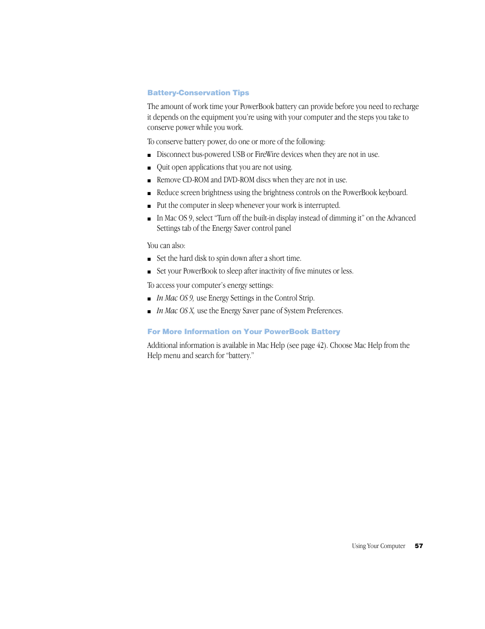 Battery-conservation tips, For more information on your powerbook battery | Apple BookG4 Computer User Manual | Page 57 / 104