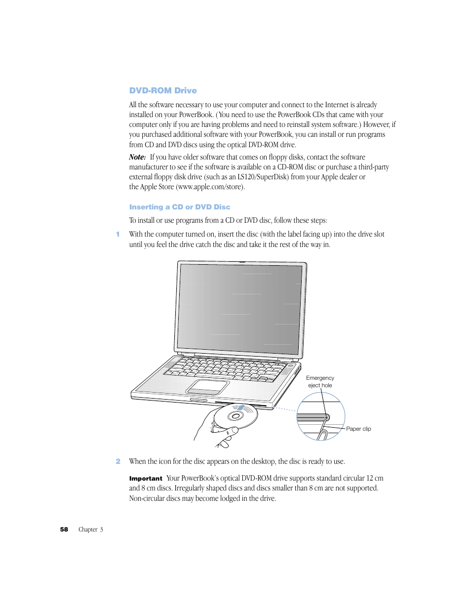 Dvd-rom drive, Inserting a cd or dvd disc | Apple BookG4 Computer User Manual | Page 58 / 104