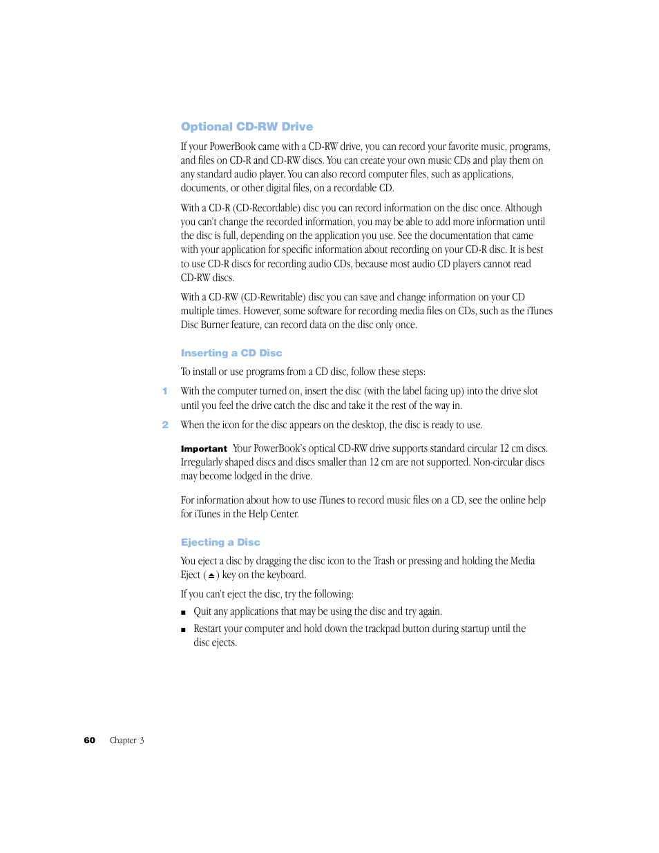 Optional cd-rw drive, Inserting a cd disc, Ejecting a disc | Apple BookG4 Computer User Manual | Page 60 / 104