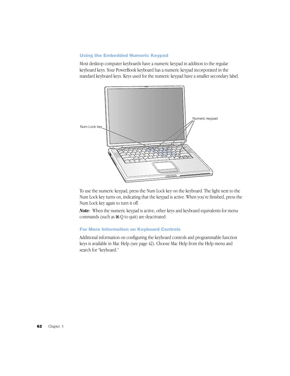 Using the embedded numeric keypad, For more information on keyboard controls | Apple BookG4 Computer User Manual | Page 62 / 104