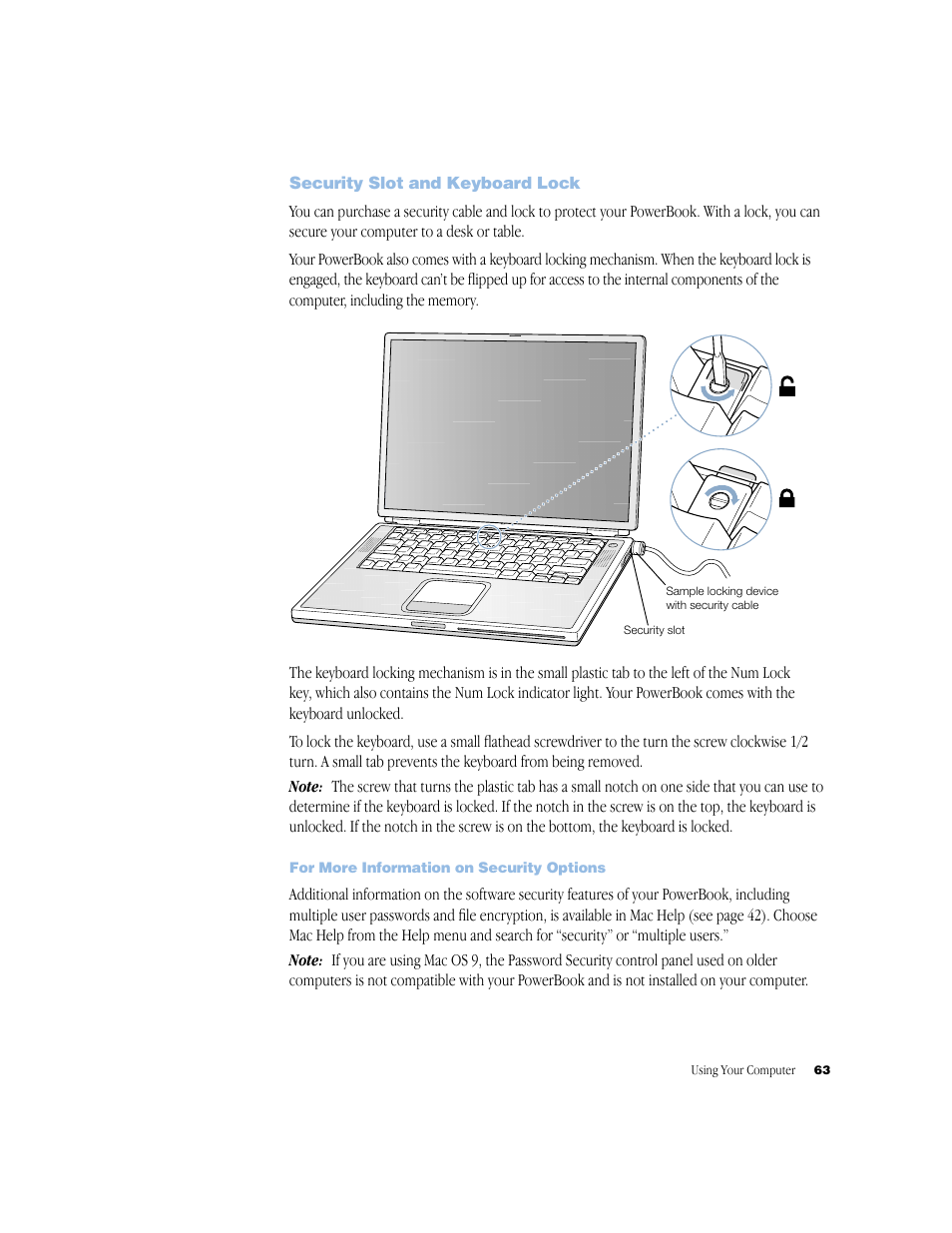 Security slot and keyboard lock, For more information on security options | Apple BookG4 Computer User Manual | Page 63 / 104
