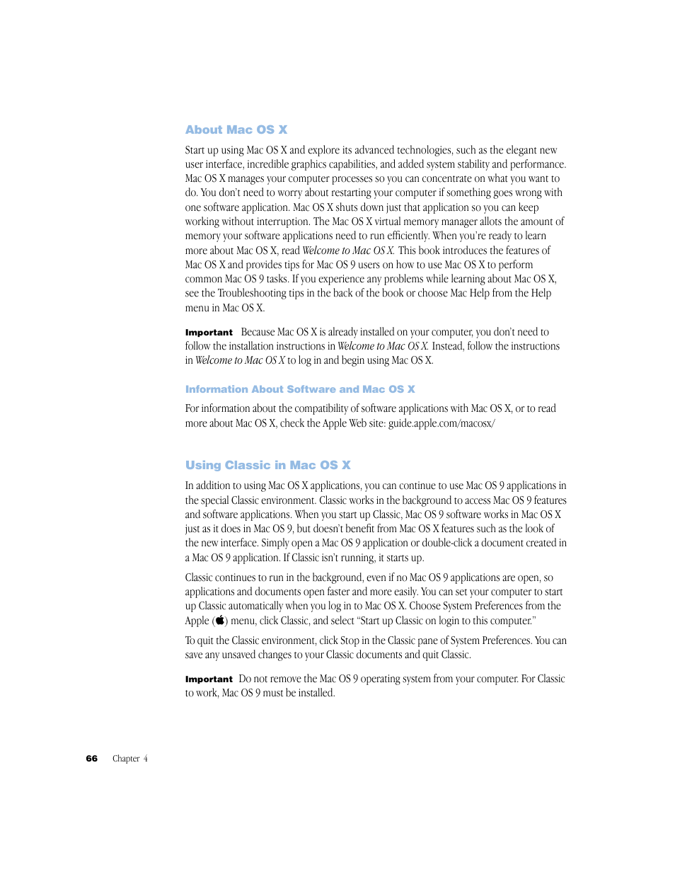 About mac osx, Information about software and mac os x, Using classic in mac osx | Apple BookG4 Computer User Manual | Page 66 / 104
