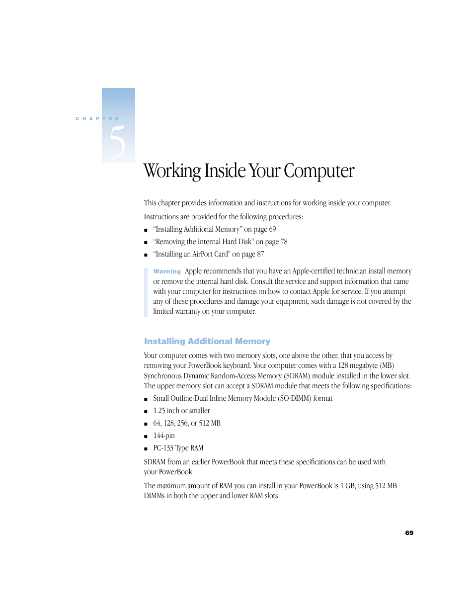 Working inside your computer, Installing additional memory, Chapter 5, “working inside your computer | Apple BookG4 Computer User Manual | Page 69 / 104
