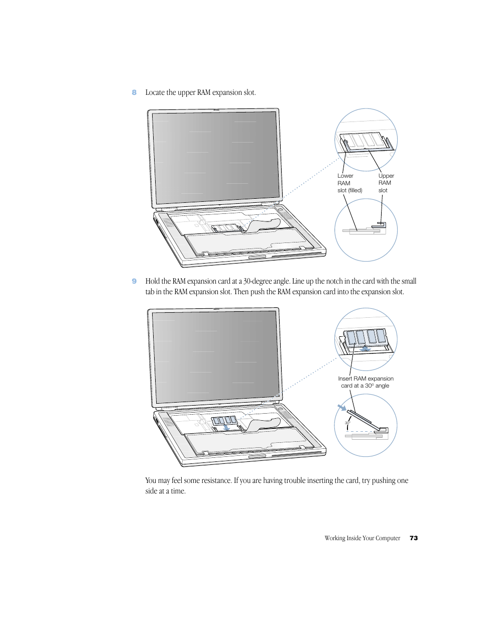 Locate the upper ram expansion slot | Apple BookG4 Computer User Manual | Page 73 / 104