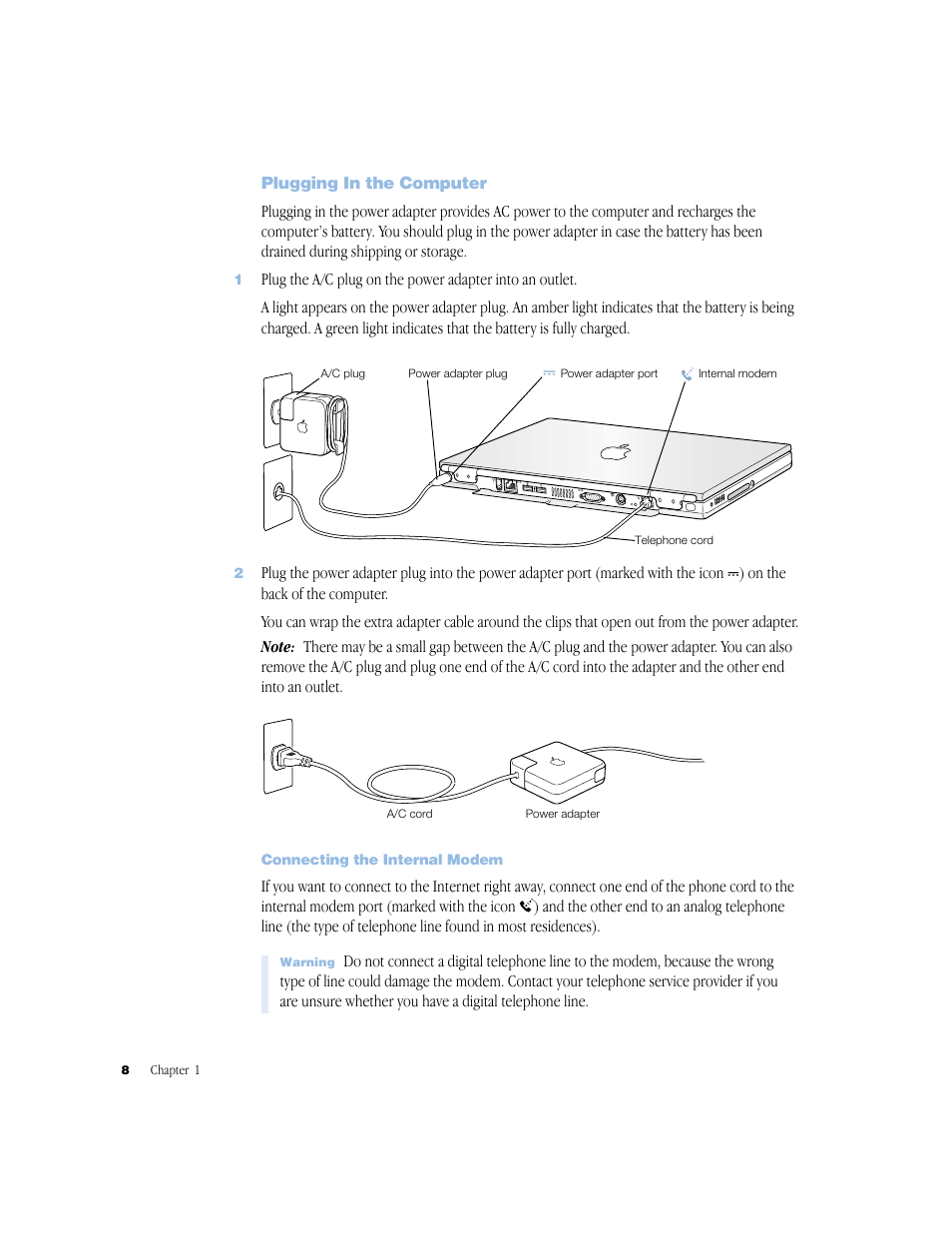 Plugging in the computer, Connecting the internal modem | Apple BookG4 Computer User Manual | Page 8 / 104