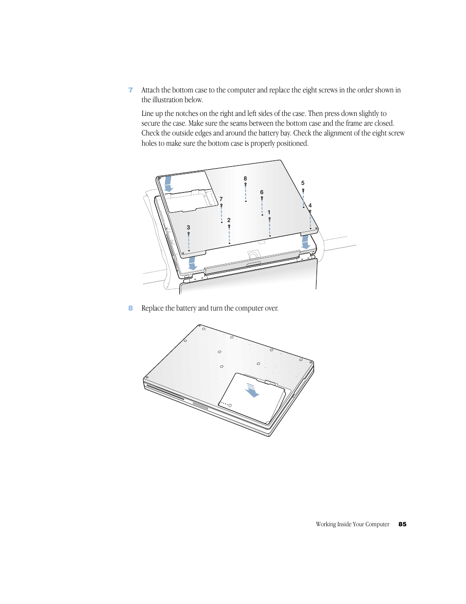 Replace the battery and turn the computer over | Apple BookG4 Computer User Manual | Page 85 / 104