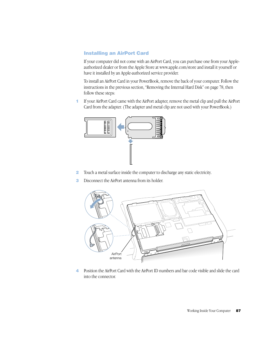 Installing an airport card | Apple BookG4 Computer User Manual | Page 87 / 104