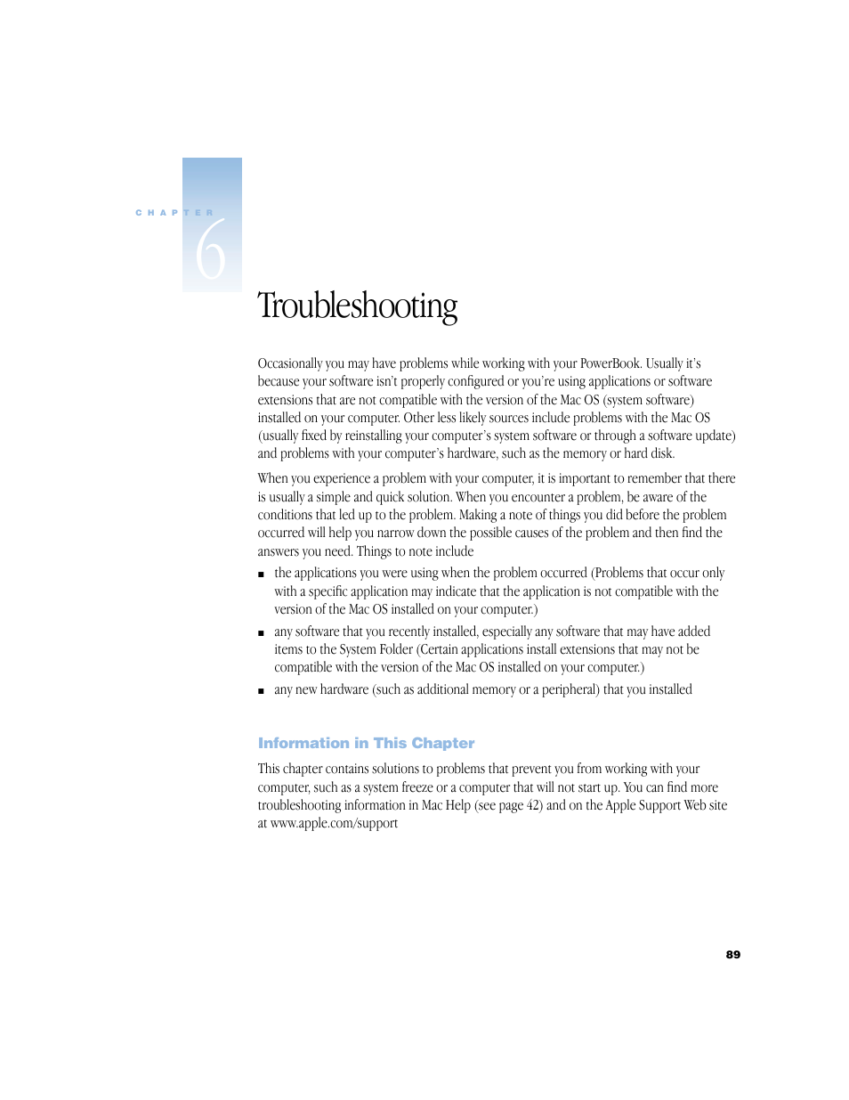 Troubleshooting, Information in this chapter, Chapter 6, “troubleshooting | Apple BookG4 Computer User Manual | Page 89 / 104